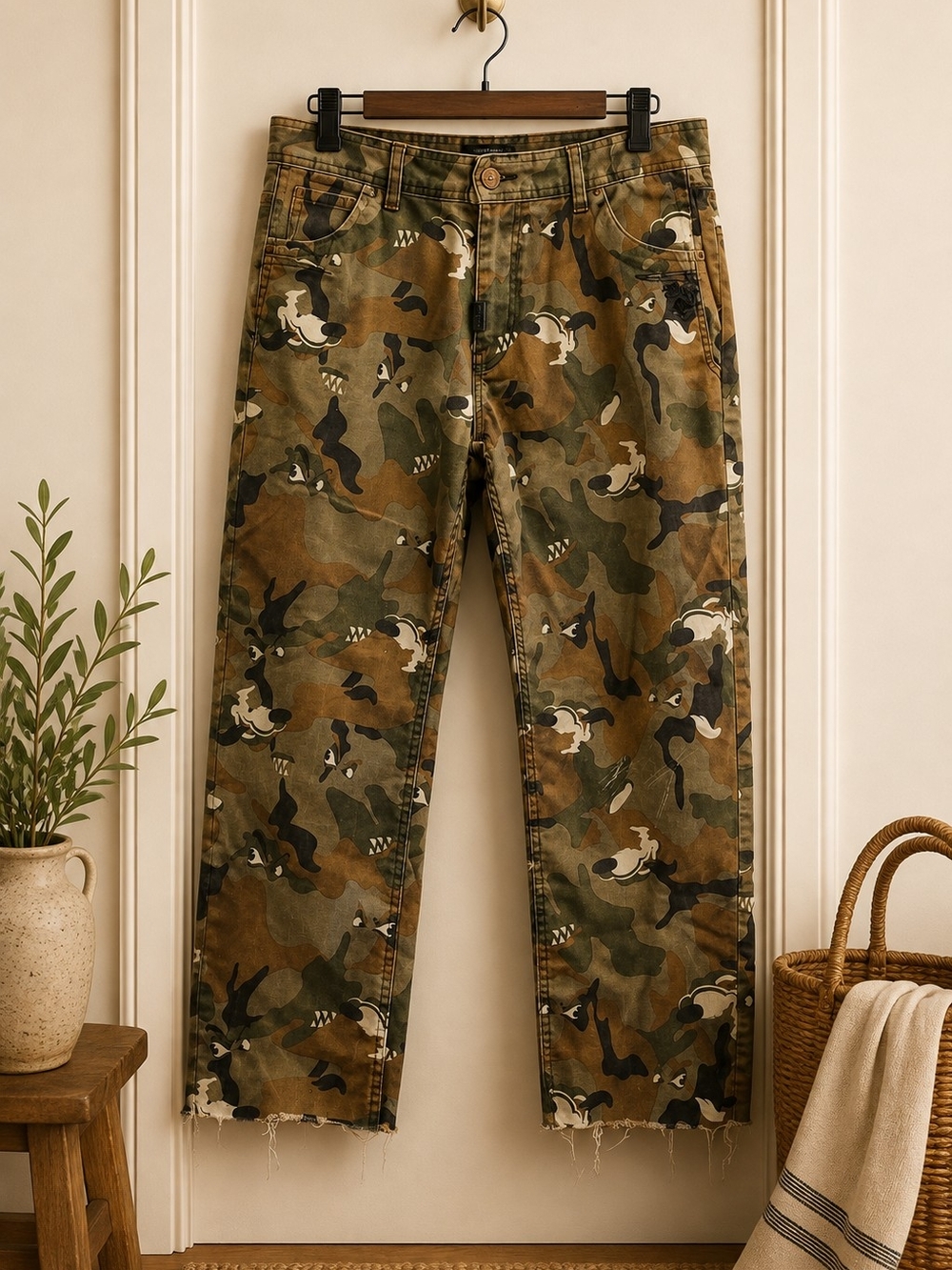 LRG True Tapered Fit Camo Pants Men's 34 Graphic Print Raw Hem Cotton